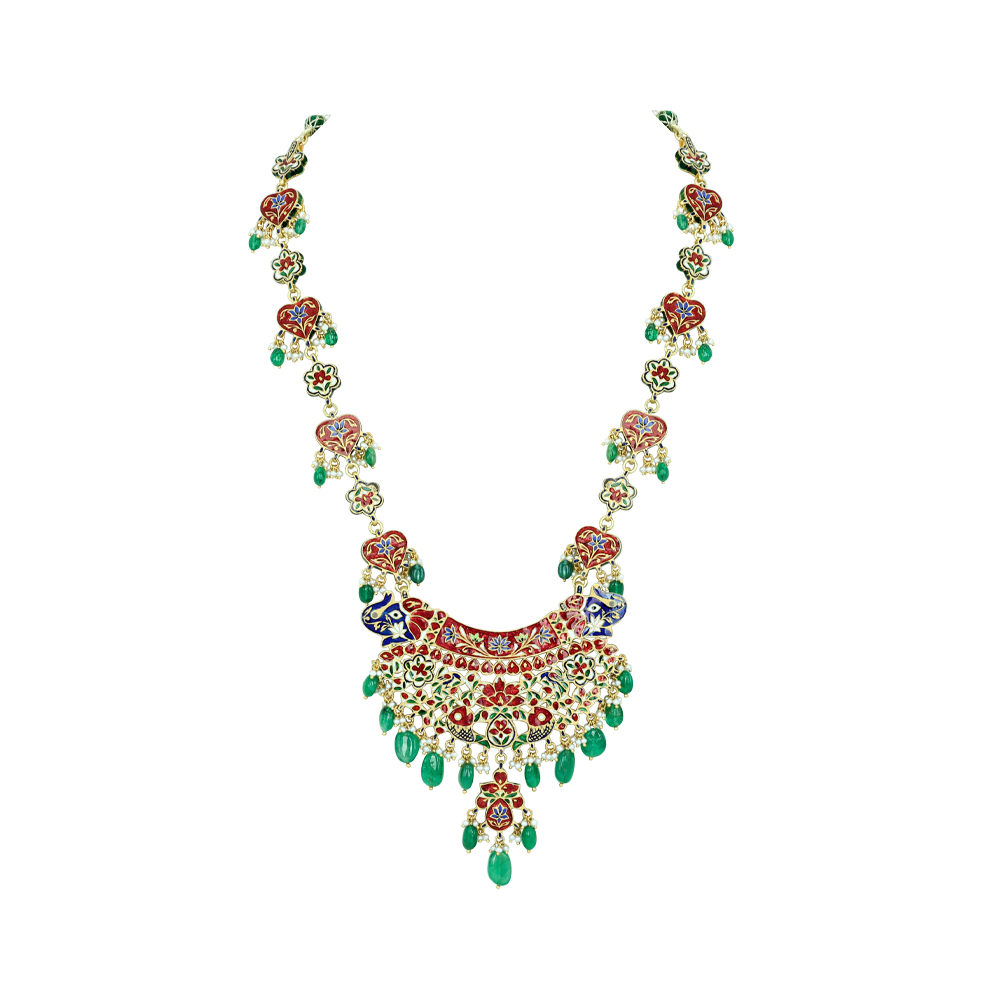 Polki Pendant Necklace with Red-Green Meenakari and Emeralds